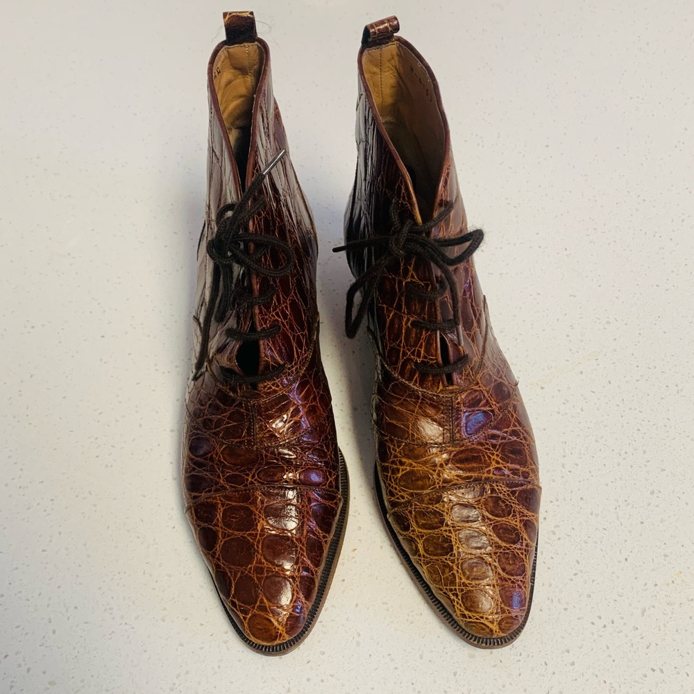 Cole Haan Vintage Alligator Print Leather Ankle Booties Patent Shiny Boots